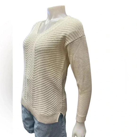 Chaps White Cream Gold Glitter V Neck Knit Sweater Size XS - Picture 3 of 9